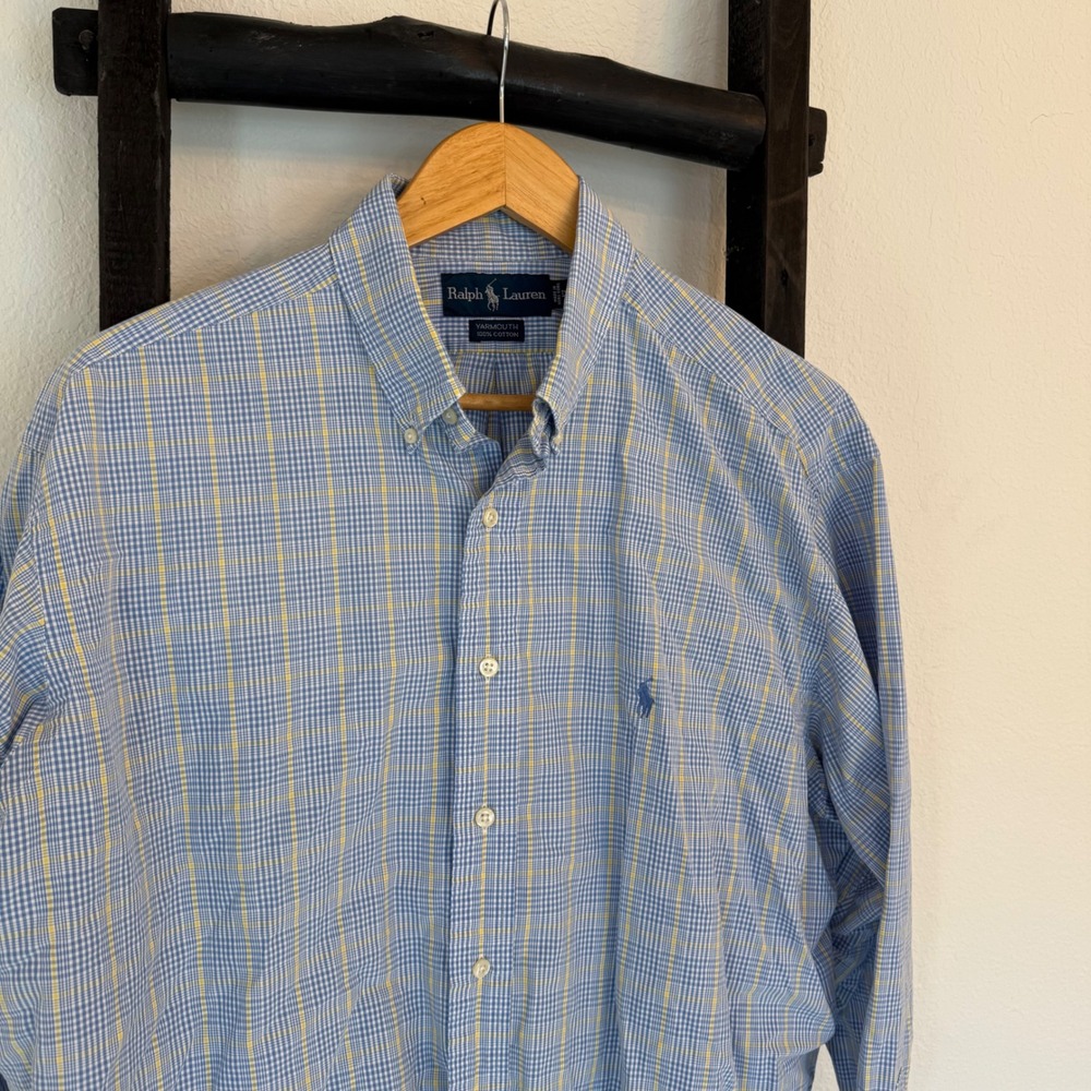 Vintage Ralph‎ Lauren Yarmouth Button Down Shirt Blue Yellow Plaid 100% Cotton
